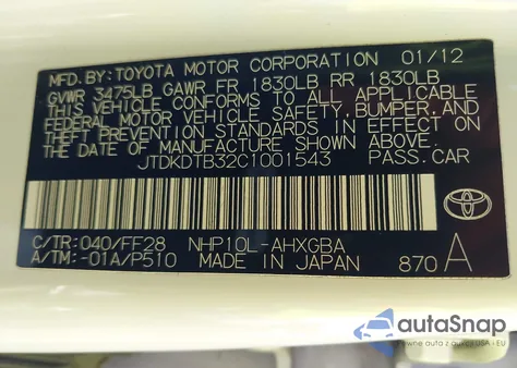 2012 Toyota Prius C Three from USA, damaged, VIN JTDKDTB32C1001543
